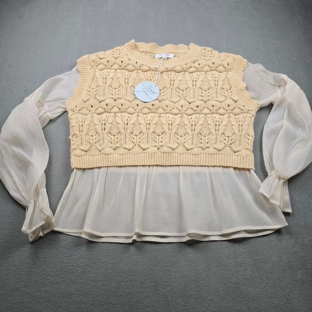 Cloud Ten Womens Mixed Media Knit‎ Sweater Top Cream White CSW11746A Small NWT